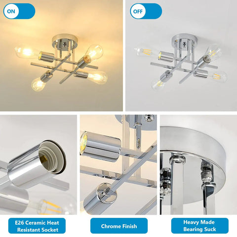 Chrome Semi Flush Mount 4-Light Sputnik Ceiling Fixture With E26 Base showing bulbs and chrome finish, detail view.