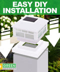 Solar Powered LED Torch Post Cap Lights for 4x4 or 5x5 Posts, Modern Flame Design, White Finish, shown with easy DIY installation