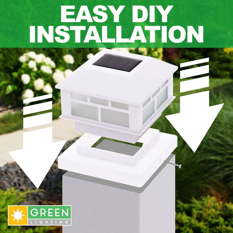 Solar Powered LED Torch Post Cap Lights for 4x4 or 5x5 Posts, Modern Flame Design, White Finish, shown with easy DIY installation