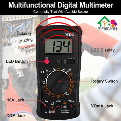 Pocket Digital Multimeter With Backlit LCD Display And Test Leads All In One Voltage Meter showing 134 on the screen.