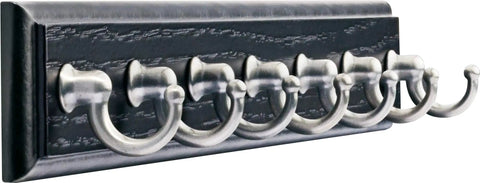 Black Wall Mount Key Rack With 7 Hooks For Hallway And Entry, 14 Inch Key Organizer Rail In Satin Nickel Finish shown from side angle