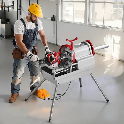 Top Tier 900W Electric Pipe Threader Machine With Foot Pedal For Nailing Smooth Half To Four Inch Cuts And Deburring Plumbing Jobs Made Dead Simple Heavy Duty Shop Essential Gear in use by a worker.