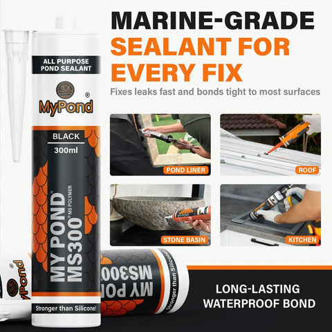 Heavy Duty Black Hybrid Sealant And Adhesive For Quick Pond Leak Fixes And Koi Tank Repairs Pro Grade MS Polymer Caulk 300ml tube with applicator.