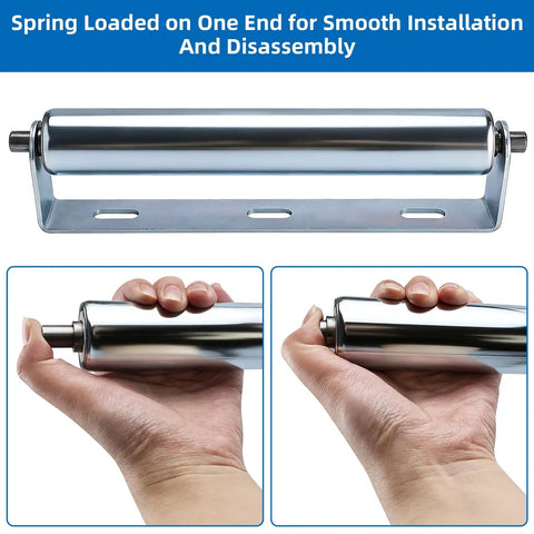 Solid 60 Inch Conveyor Roller Set, Galvanized Steel Rollers With Heavy Duty Brackets demonstrating spring-loaded installation feature.
