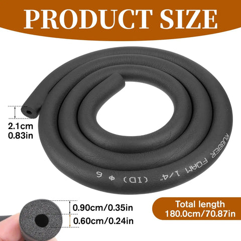 Coiled foam pipe insulation tube, black, for pipes freeze protection and sharp edge safety, easy install, 1/4 inch ID, 6 feet length