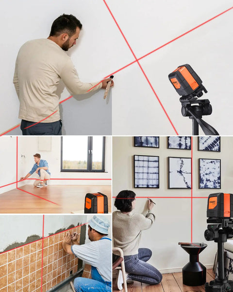 Self Leveling Laser Level 50ft with 360 Degree Magnetic Mounting Plate in use for precise tiling and alignment, orange and black design