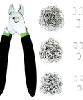 All In One 270 Piece Hog Ring Pliers Kit With Galvanized Rings shown with three ring sizes and green-handled pliers