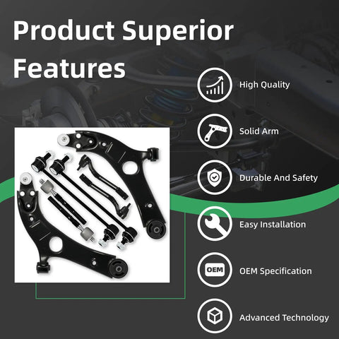 8 Piece Front Lower Control Arm Ball Joint Stabilizer Kit With Sway Bar End Links For Kia Optima 2014 2015 2.4L USA Built OE Replacement K622825 K622826 ES800718 ES800717 K750658 EV800695 shown with control arms, tie rods, and links