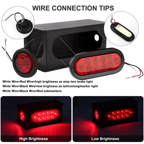 Heavy Duty Steel Trailer Light Box Kit With 6 Inch Oval Red LED Tail Lights And 2 Inch Round Red LED Side Markers, wiring guide shown