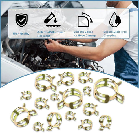 152 Piece Spring Band Hose Clamp Kit With Pliers, mechanic using auto hose clamps for engine repair