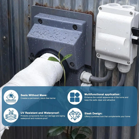 Built Tough HVAC Wall Penetration Cover And Line Set Cover Kit Crafted From UV Resistant ABS For Solid AC Duct Coverage With A Quick Seal That Works Like A Charm In Sleek Grey, shown mounted on surface.