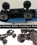 Underside view of Beefed Up 1/16 Scale RC Rock Crawler With 4x4 Drive showing new chassis and axle-mounted servo