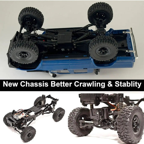 Underside view of Beefed Up 1/16 Scale RC Rock Crawler With 4x4 Drive showing new chassis and axle-mounted servo