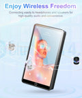 All In One 80GB Bluetooth WiFi MP3 Player With 4.0 Inch IPS Touch Screen floating with wireless headphones, angled view