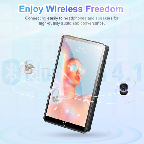 All In One 80GB Bluetooth WiFi MP3 Player With 4.0 Inch IPS Touch Screen floating with wireless headphones, angled view