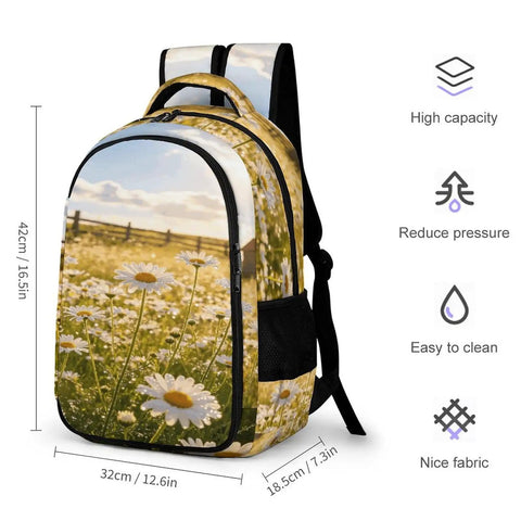 Dewy White Daisy Meadow Printed Unisex Backpack With Large Capacity For School And Travel Durable Polyester Daypack With Breathable Comfort Straps And A Sturdy Zipper Perfect For Everyday Use
