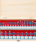 Open box displaying Premium Tungsten Carbide Router Bit Set For Woodworking 24 Piece 1 4 Inch Shank Pro Grade Bits.