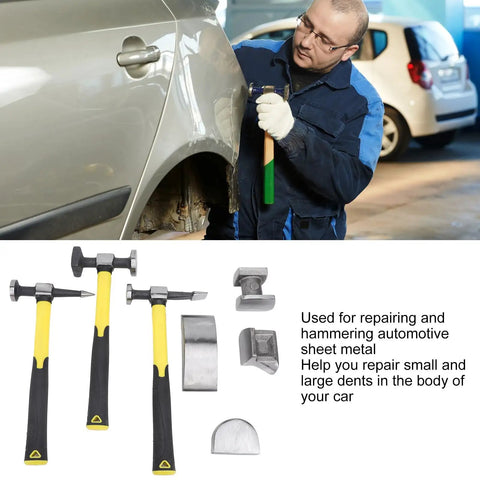 7 Piece Auto Body Repair Kit With Carbon Steel Hammer And Dolly Set in use for car dent repair