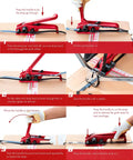 Steps demonstrating Heavy Duty Handheld Manual Strapping Tensioner And Cutter Windlass Tool for securing packages.
