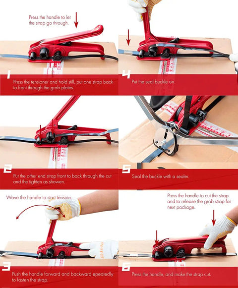 Steps demonstrating Heavy Duty Handheld Manual Strapping Tensioner And Cutter Windlass Tool for securing packages.