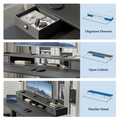 Klicelor 48X23 Inch Electric Standing Desk With Drawers Adjustable Height features organizer drawers and open cubicle for storage.
