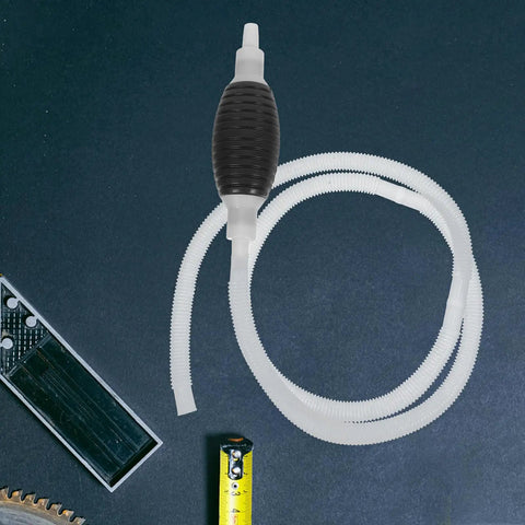 Heavy Duty Manual Oil Transfer Pump With Thick Plastic Siphon Tube for Effortless Fluid Extraction And Gas Cleanup showing thick siphon tube and pump bulb.