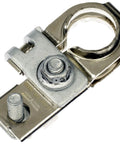 Direct Fit Replacement Positive Battery Terminal For Automobiles Heavy Duty Corrosion Resistant Connector close-up view of metal clamp with nut.