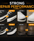 Before and after images showing Clear Waterproof Shoe Glue For Sole Repair 30g Quick Dry Flexible Strong Adhesive on various shoes.