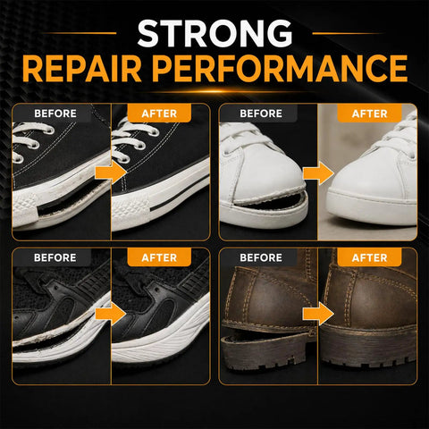 Before and after images showing Clear Waterproof Shoe Glue For Sole Repair 30g Quick Dry Flexible Strong Adhesive on various shoes.