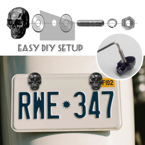 Dope Skull License Plate Screws Kit With 8 Skull Bolts 8 Nuts 8 Spring Washers 16 Flat Washers And Hex Driver For Cars Motorcycles Trucks Gothic Skeleton Frame Decor Black installation diagram and example on car plate