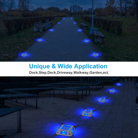 Eight Pack Solar Dock Lights For Driveways And Pathways, Waterproof Outdoor LED Aluminum Step Lights, glowing blue at night