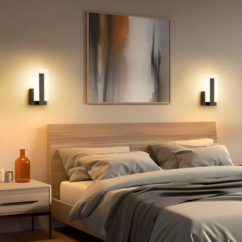 Top Shelf Modern Led Wall Sconces Set Of Two Up And Down Black Metal Fixture With 3000K Warm White Glow Solid Durable Anti Corrosion Coating Real Smooth Matte Finish For Hallway Bedroom Living Room Chill Home Vibes above a cozy bed with gray linens.