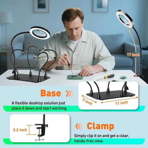 Person using Dual 5X And 10X Magnifying Desk Lamp with Light, Flexible Magnetic Helping Hand, Large Clamp Base for PCB work