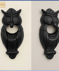 Solid Rockin Cast Iron Wall Mounted Bottle Opener Set Of Two Rustic Owl Design close-up view of heavy duty black cast iron opener.