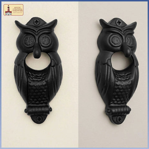 Solid Rockin Cast Iron Wall Mounted Bottle Opener Set Of Two Rustic Owl Design close-up view of heavy duty black cast iron opener.