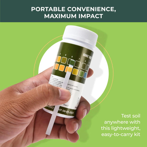 Hand holding Soil PH Test Kit Strip For Quick Accurate Garden Readings With Color Chart Easy To Use PH Tester For Gardens Lawns Grass Vegetables.