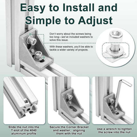 Pro Level 4040 Series Aluminum Extrusion Profile Connector Kit showing corner bracket installation with M8 T Slot sliding nut and washer.