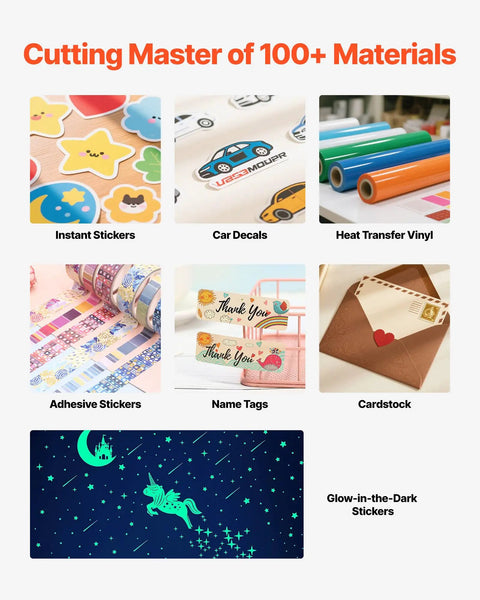 Variety of materials cut by Pro Vinyl Cutter With Auto Edge Detection And Design Software For DIYers, showcasing stickers and decals.