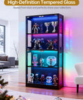 65 Inch Glass Display Cabinet with RGB LED Lights and Glass Doors, 4 Tier Curio Storage Cabinet in modern living room setting