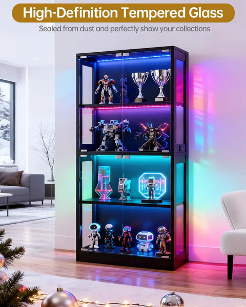 65 Inch Glass Display Cabinet with RGB LED Lights and Glass Doors, 4 Tier Curio Storage Cabinet in modern living room setting