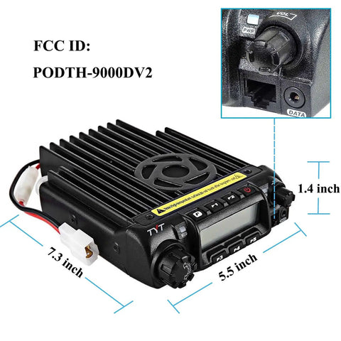 Beefy 45W Monoband 1.25M Mobile Ham Radio Transceiver For Cars with detailed dimensions and FCC ID, front view.