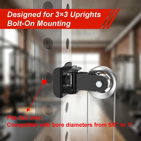 2 Pack Rotating Pulley Attachment For 3x3 Power Rack Swivel Aluminum Cable Setup With 1 And 5/8 Inch Adapters mounted on 3x3 rack.