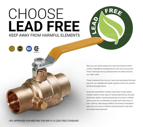Premium Full Port Brass Ball Valve With Drain 3/4 In SWT X 3/4 In SWT, lead free certification badge