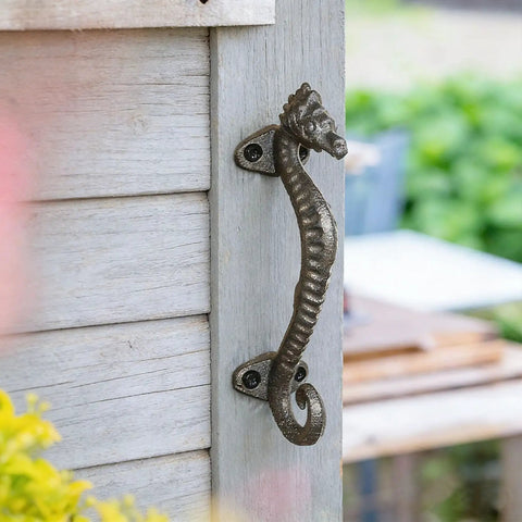 Two Pack Seahorse Cast Iron Door Handles Set, Heavy Duty Rustic Barn Cabinet Pulls for outdoor shed door