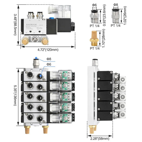 Five Station 24V DC Solenoid Valve Manifold Five Way Two Position Pneumatic Air Valve with 1 4 In PT Ports Includes Manifold Base