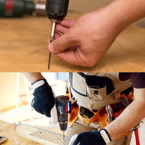 Premium Six By Five Eighths Inch Wood Screws 100 Pack Flat Head Phillips in use with a drill for furniture assembly.