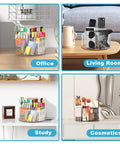 Four images showing a Six-Compartment Spinning Acrylic Desk Organizer for Kids and Crafters in different settings.