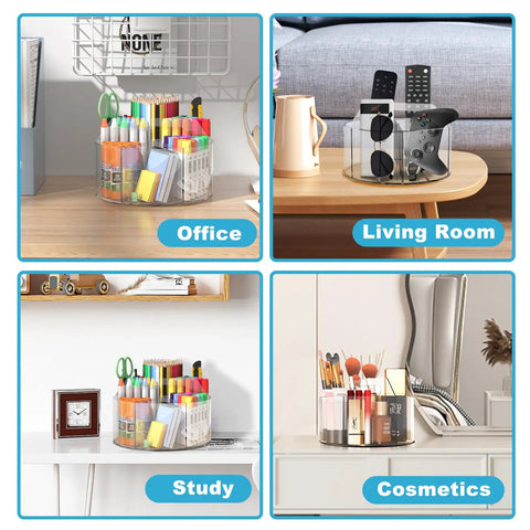 Four images showing a Six-Compartment Spinning Acrylic Desk Organizer for Kids and Crafters in different settings.