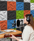 Totally Rad 3D Acoustic Panels For Walls Soundproofing Foam Tiles 12X12 Inches colorful textured panels in recording setup.
