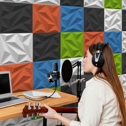 Totally Rad 3D Acoustic Panels For Walls Soundproofing Foam Tiles 12X12 Inches colorful textured panels in recording setup.